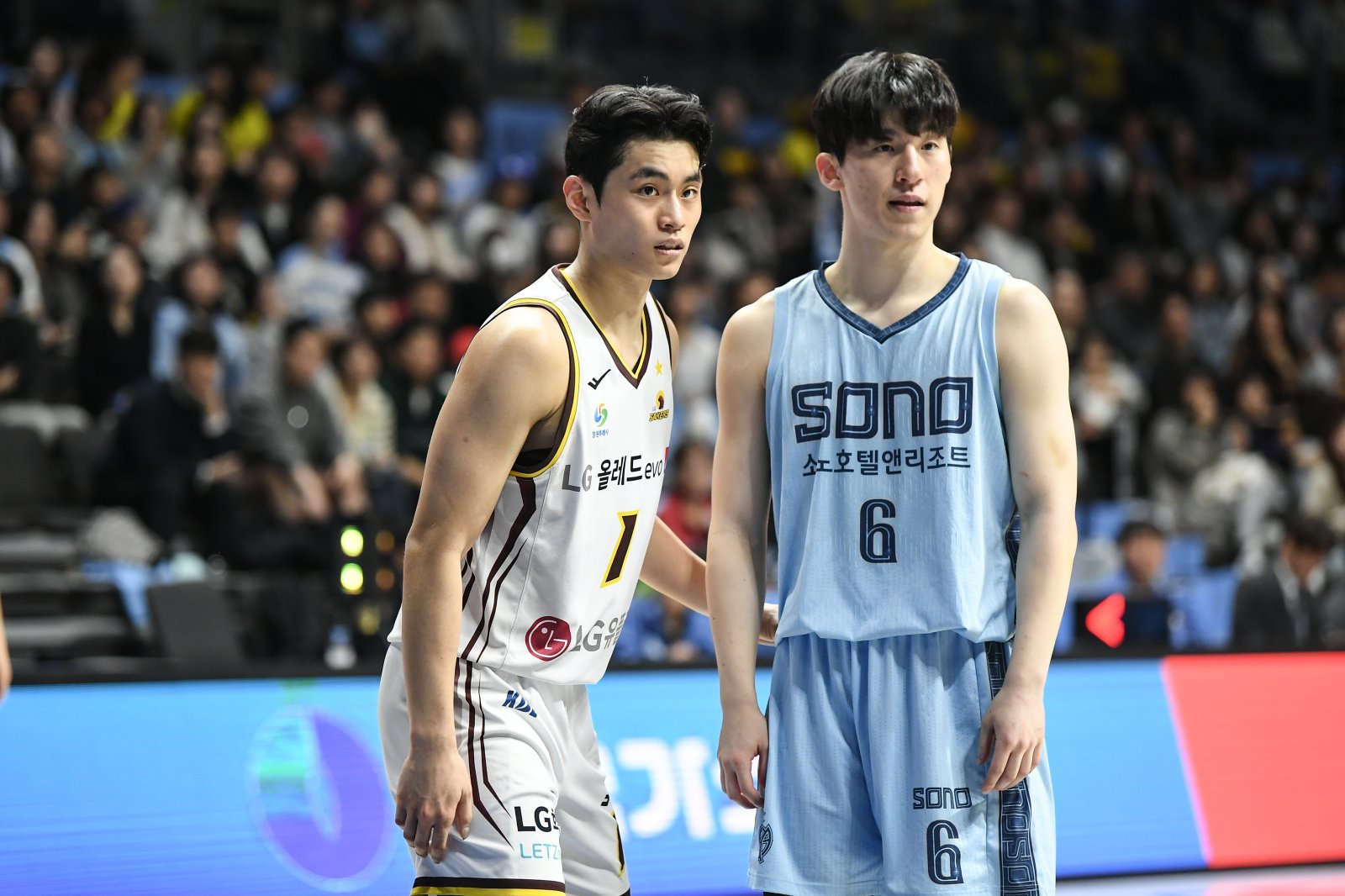 LG 유기상(왼쪽)과 소노 이정현은 4강 PO서 치열한 백코트 경쟁을 펼친다. 사진제공｜KBL 