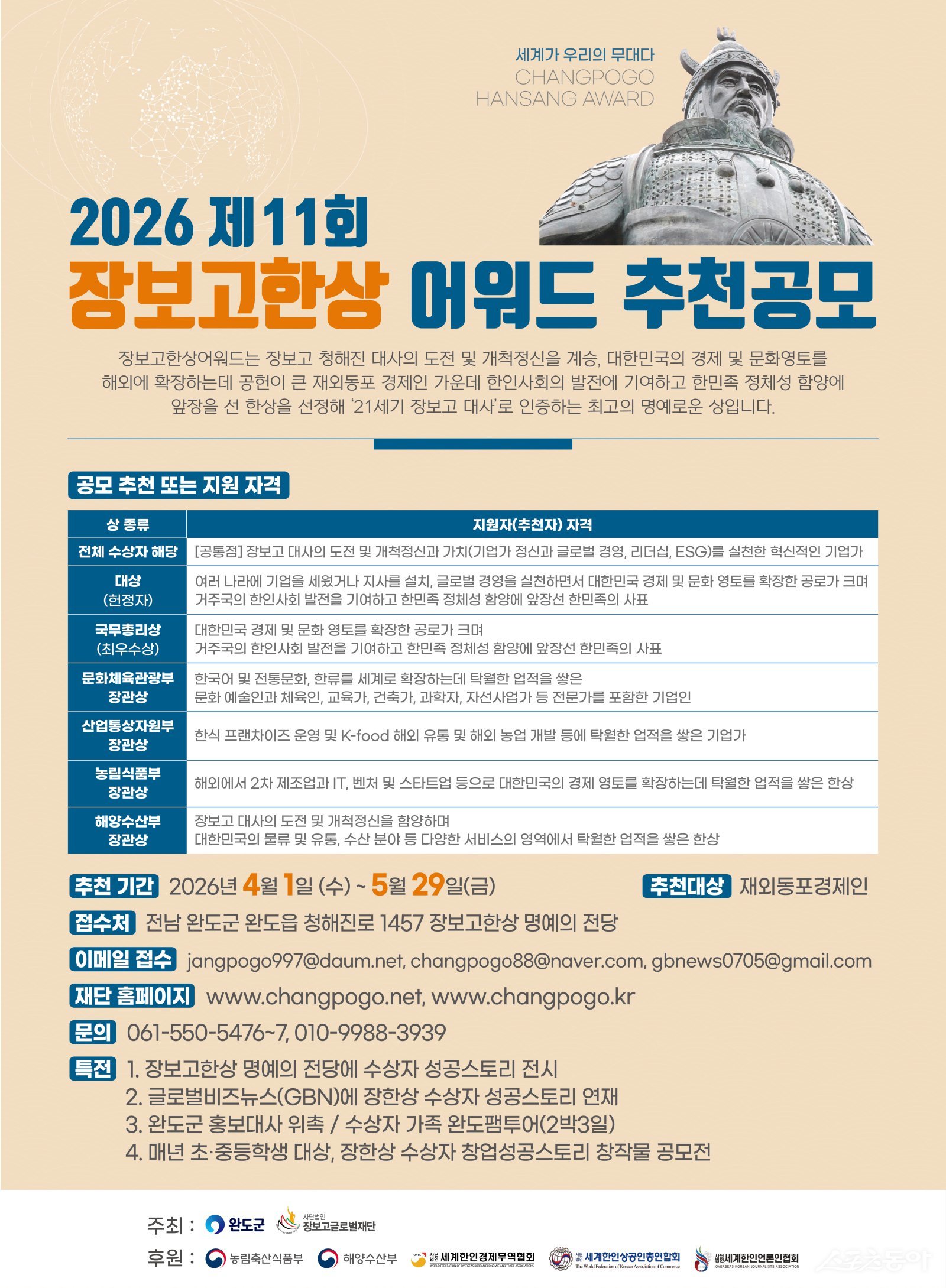 완도군과 장보고글로벌재단(이사장 김덕룡)은 ‘장보고 한상 어워드’ 공모를 진행한다. 사진제공 I 완도군