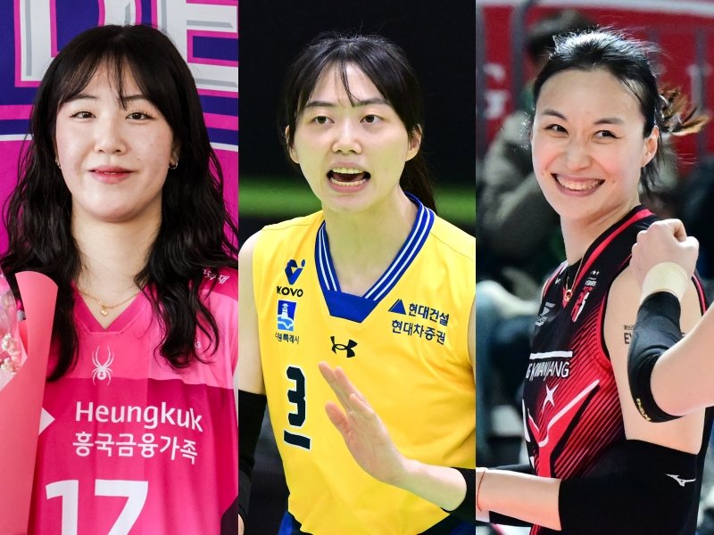 V리그 여자부 FA 시장이 21일 마감했다. 최대어 정호영이 흥국생명으로 향했고, 김다인(왼쪽부터)은 현대건설에 잔류했다. 지난해 팀을 찾지 못한 표승주(오른쪽)는 흥국생명 유니폼을 입고 1년 만에 코트에 복귀한다. 사진제공｜흥국생명·KOVO