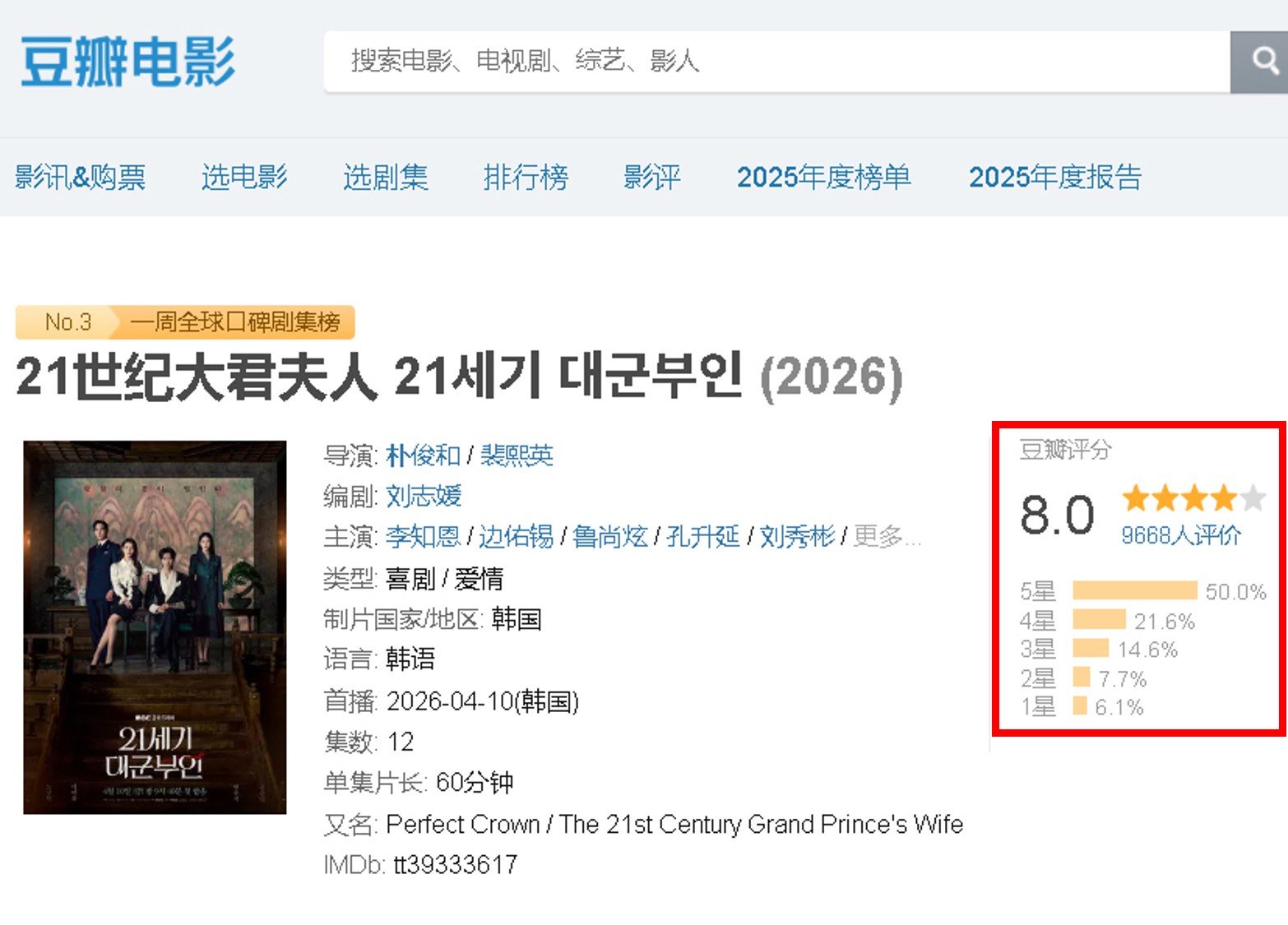 중국 최대 리뷰 사이트 더우반에 만들어진 ‘21세기 대군부인’ 리뷰 페이지