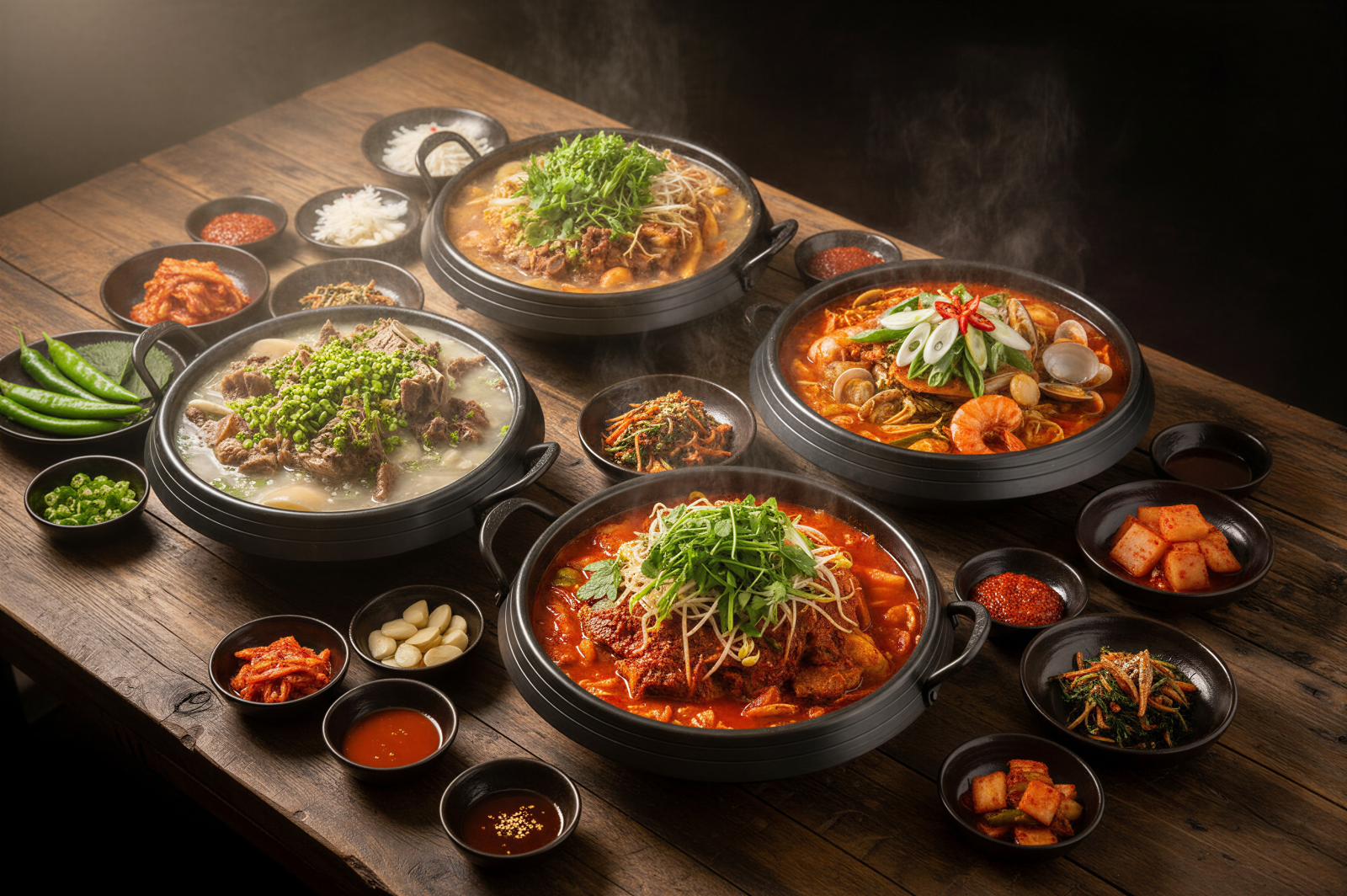 모란감자탕 조감도(위)와 주요 메뉴. 모란홍감자탕, 모란백감자탕, 신마라감자탕, 진짬뽕감자탕 등으로 구성했다. 사진제공|푸디그