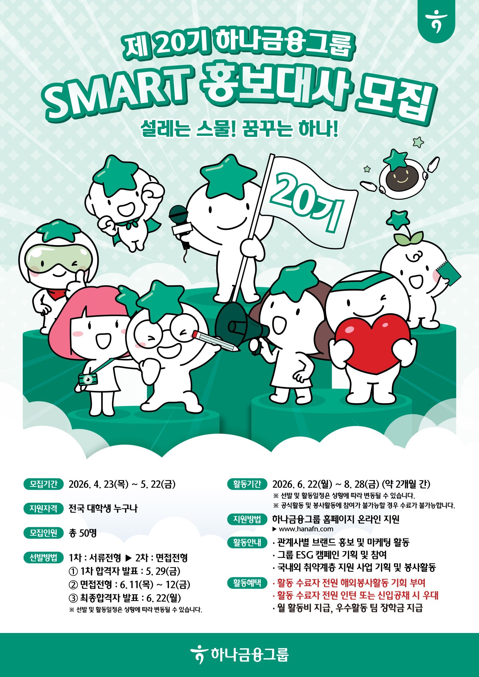 ‘제20기 하나금융 스마트 홍보대사’ 모집 포스터. 사진제공｜하나금융
