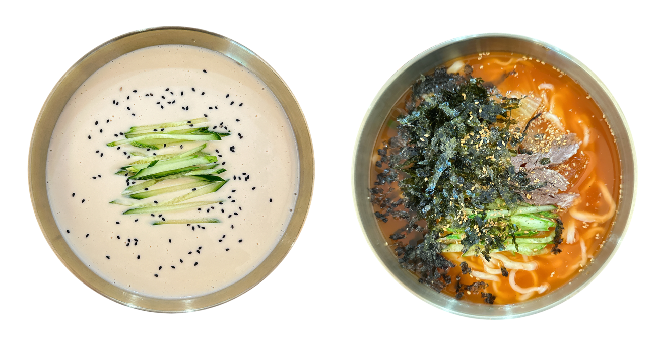 ‘맛에들면’의 여름메뉴인 냉콩칼국수(왼쪽)와 냉김치칼국수          사진제공 ｜ 맛에들면