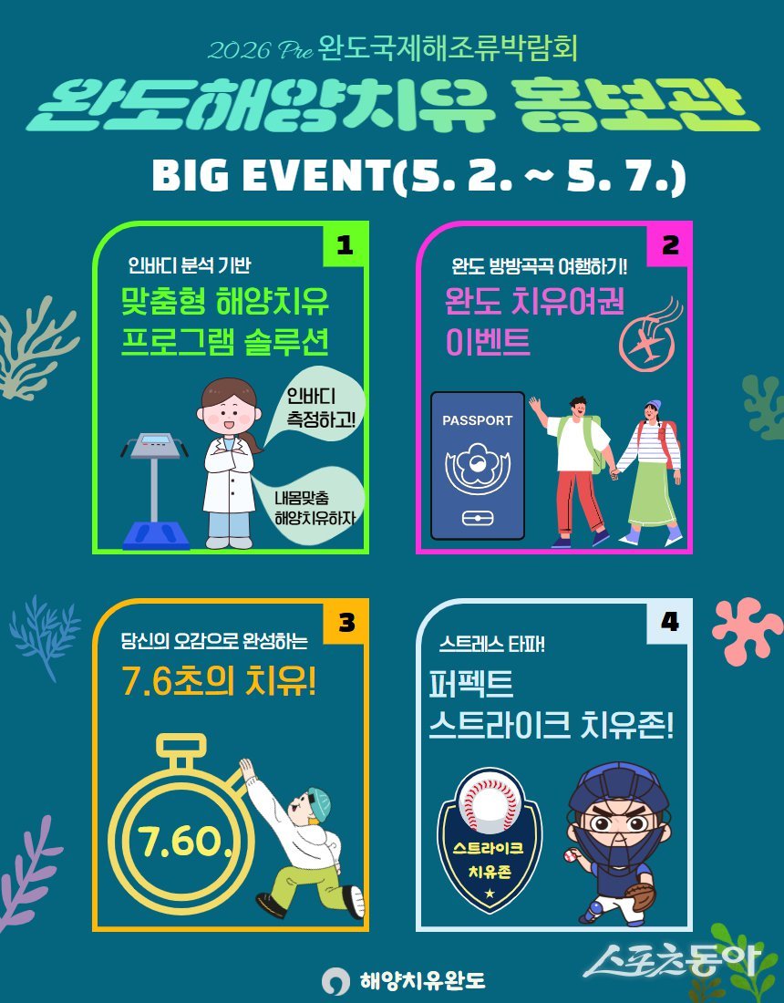 완도군은 ‘2026 Pre 완도국제해조류박람회’ 개최 기간(5월 2일~7일) 동안 완도만의 해양치유 콘텐츠를 선보이는 ‘해양치유 홍보관’을 운영한다. 사진제공=완도군