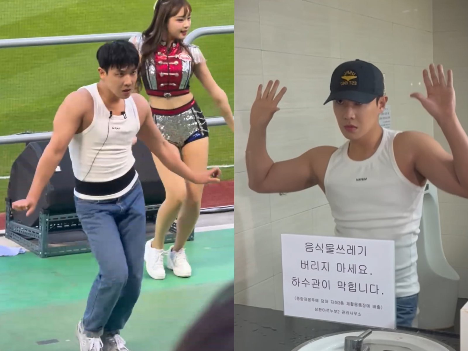 22일 LG 트윈스와 한화 이글스 경기의 시구자로 나선 이준이 시구 직후 흰색 민소매만 입은 채 잠실구장 응원단상에 올라 치어리더와 함께 가수 최예나의 ‘캐치 캐치’ 커버댄스를 선보였다. 사진| 인스타그램(punbinq·워크맨) 캡처