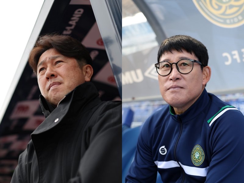 서울 이랜드와 김포FC가 3일 목동종합운동장에서 열릴 ‘하나은행 K리그2 2026’ 10라운드에서 격돌한다. 서울 이랜드 김도균 감독(왼쪽)과 김포 고정운 감독. 사진제공｜한국프로축구연맹