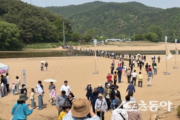 예천군 ‘2026 회룡포 봄나들이 축제’를 찾은 관광객들이 회룡포 뿅뿅다리를 건너고 있다. 사진제공 ㅣ 예천군