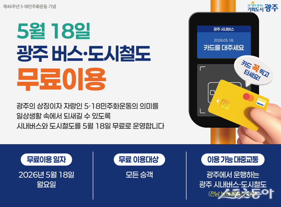 광주광역시는 5·18민주화운동의 의미를 시민 일상 속에서 되새기고, 기념행사 참석자들의 이동 편의를 높이기 위해 시내버스와 도시철도, 교통약자 이동지원차량 무료 운행을 시행한다고 밝혔다. 사진제공=광주광역시