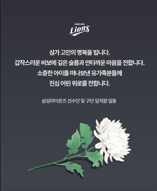 삼성 라이온즈, 주왕산 사망 초등생 위로 “깊은 슬픔과 안타까운 마음 전한다”