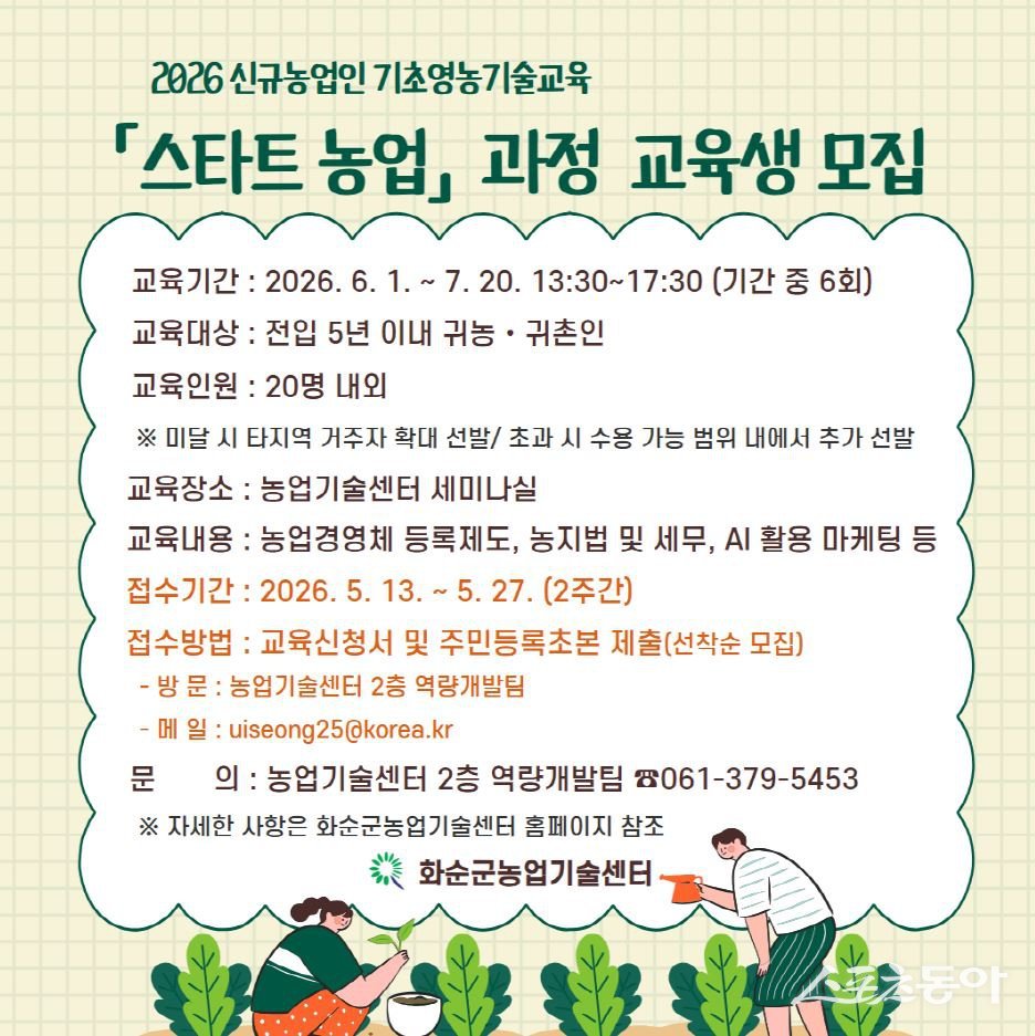 화순군은 귀농·귀촌 초기 단계 농업인을 대상으로 ‘스타트농업’ 과정 교육생을 오는 27일까지 모집한다고 밝혔다. 사진제공=화순군