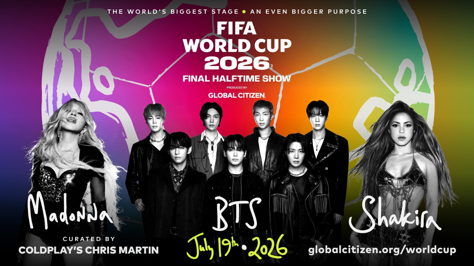 그룹 방탄소년단이 마돈나, 샤키라와 함께 2026 FIFA 북중미 월드컵의 결승전 하프타임 쇼 무대에 올라 ‘화룡점정’을 찍는다. 사진제공|글로벌 시티즌
