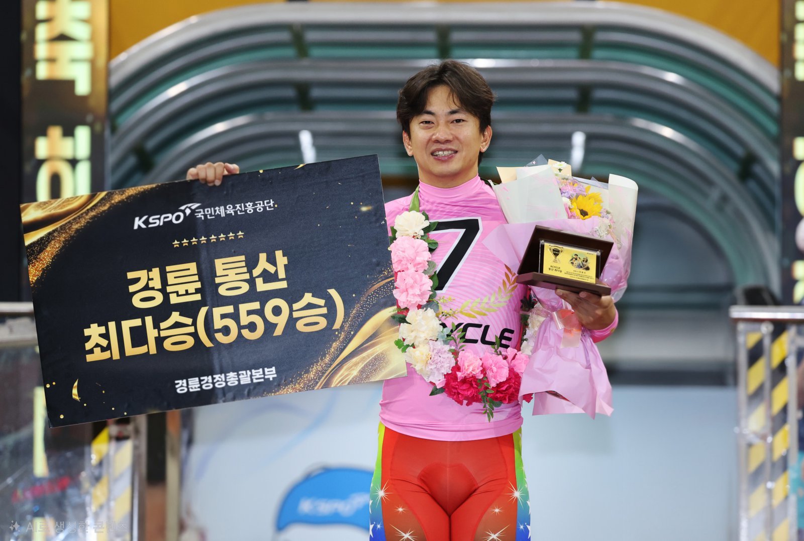 ‘리빙 레전드’ 정종진이 ‘경륜 최다승’을 작성한 뒤 환하게 웃으며 신기록 수립을 자축하고 있다. 사진제공 | 국민체육진흥공단