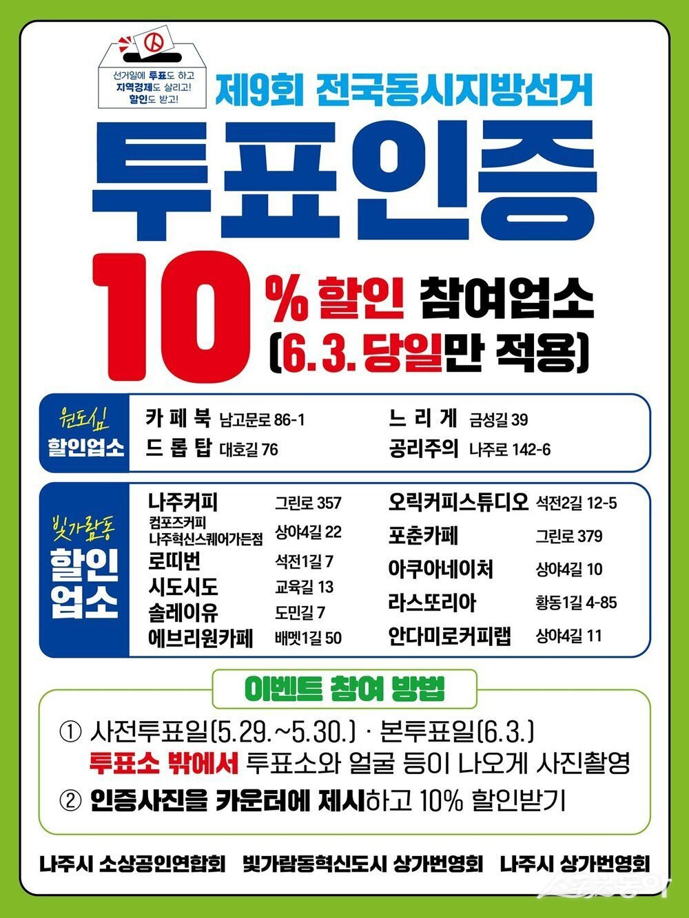 나주시는 지역 소상공인 단체들과 협력해 오는 6월 3일 본투표일 하루 동안 ‘투표인증 할인 이벤트’를 운영한다고 밝혔다. 사진제공=나주시