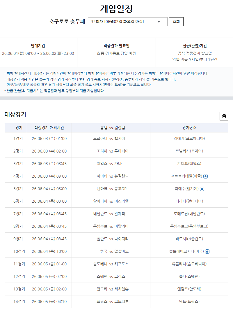 축구토토 승무패 32회차 게임일정.