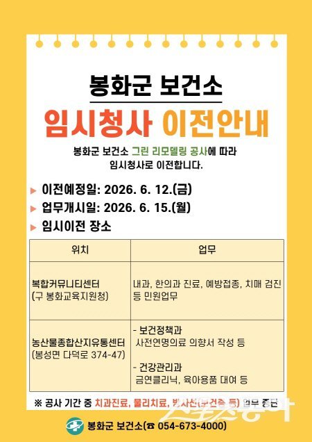 봉화군보건소 임시청사 이전 안내문. 사진제공 ㅣ 봉화군