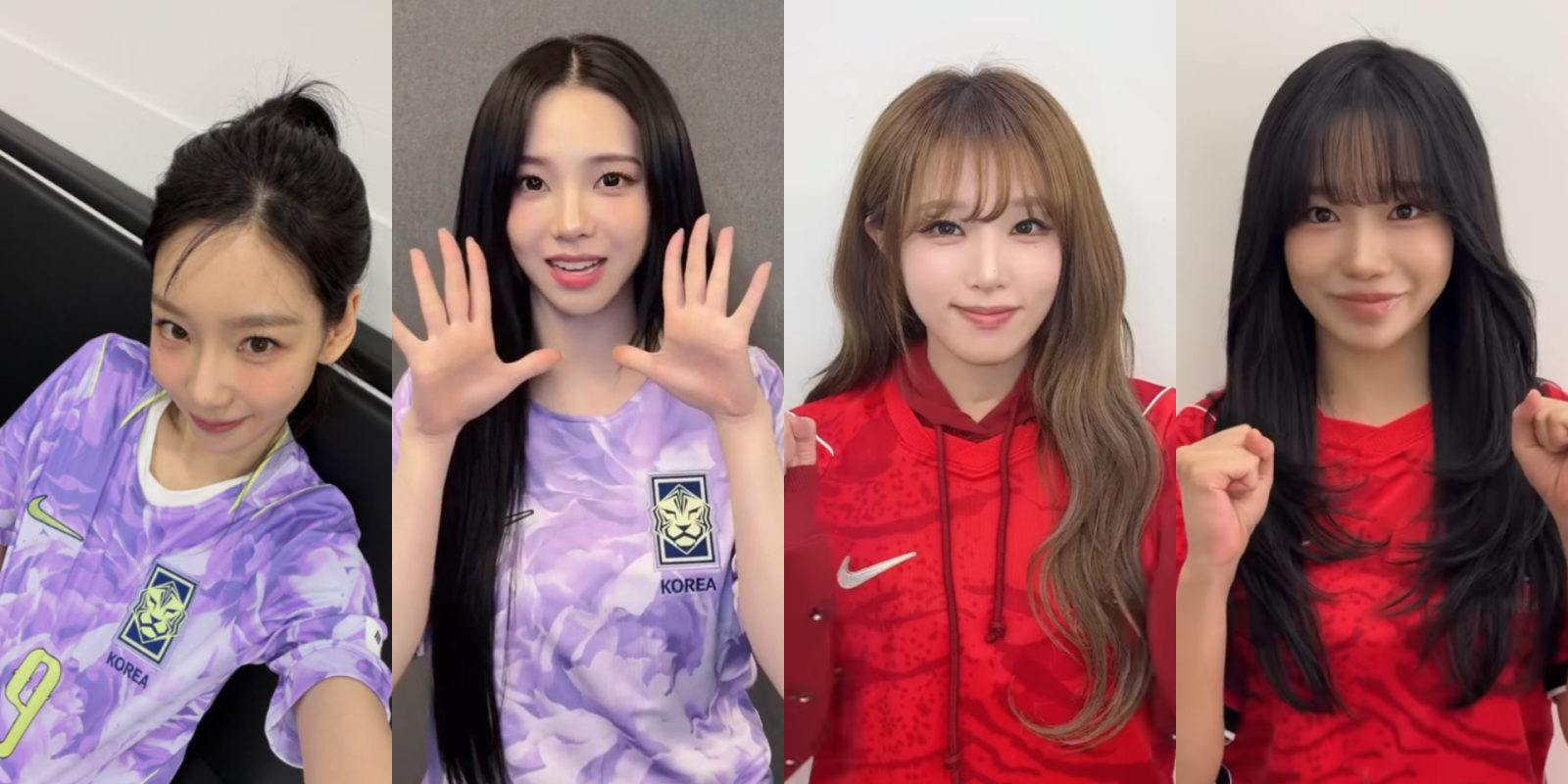 소녀시대 태연(왼쪽부터)과 에스파 카리나, 최예나, 조유리 등은 SNS 숏폼 영상을 매개로 ‘대표팀 공식 유니폼을 착용한 채 선전을 기원하는 메시지’를 잇달아 공개해 사진제공 |  인스타그램