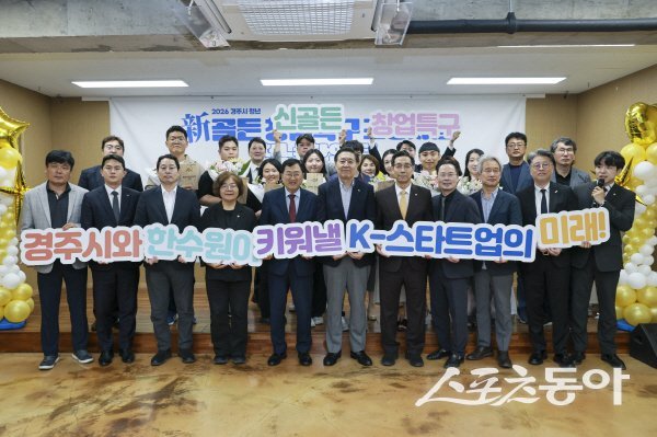한국수력원자력이 경주시, 위덕대학교와 함께 개최한 ‘경주 청년 新골든창업특구 조성사업 창업팀 개소식 및 현판 전달식’ 참가자들이 퍼포먼스하고 있다. 사진제공 ㅣ 한수원