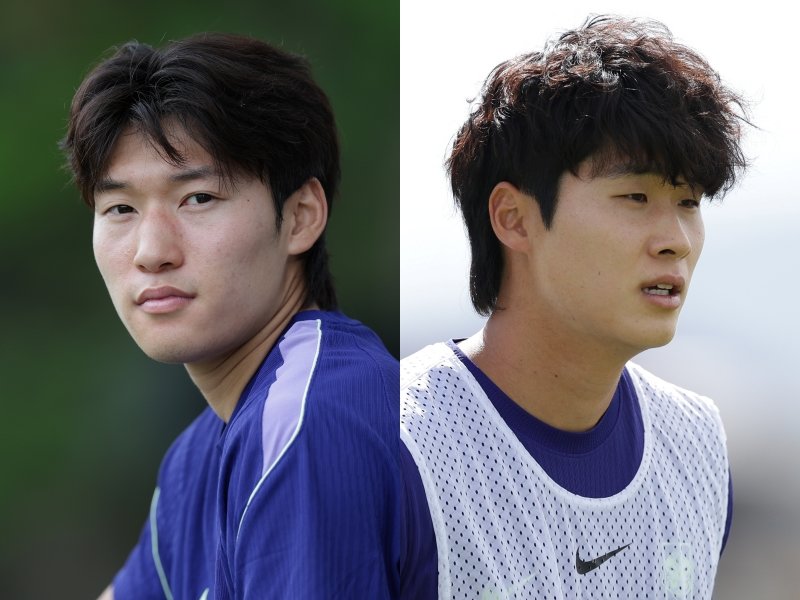 최근 발목을 다친 축구국가대표팀 미드필더 배준호(왼쪽·스토크시티)와 수비수 김태현(가시마 앤틀러스)이 순조롭게 회복하고 있다. 이르면 19일(한국시간) 멕시코전에 나설 수 있지만 대표팀은 무리한 기용은 하지 않을 계획이다. 사진제공|대한축구협회