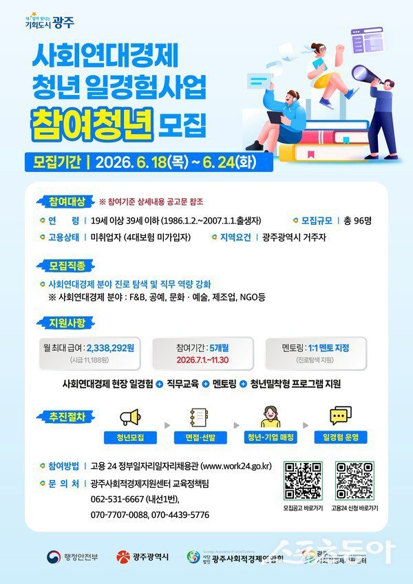 광주광역시가 청년들에게 실질적인 직무 경험을 제공하고 사회연대경제 기업의 인력난 해소를 지원하기 위한 ‘사회연대경제 청년 일경험 시범사업’을 추진한다. 사진제공=광주광역시
