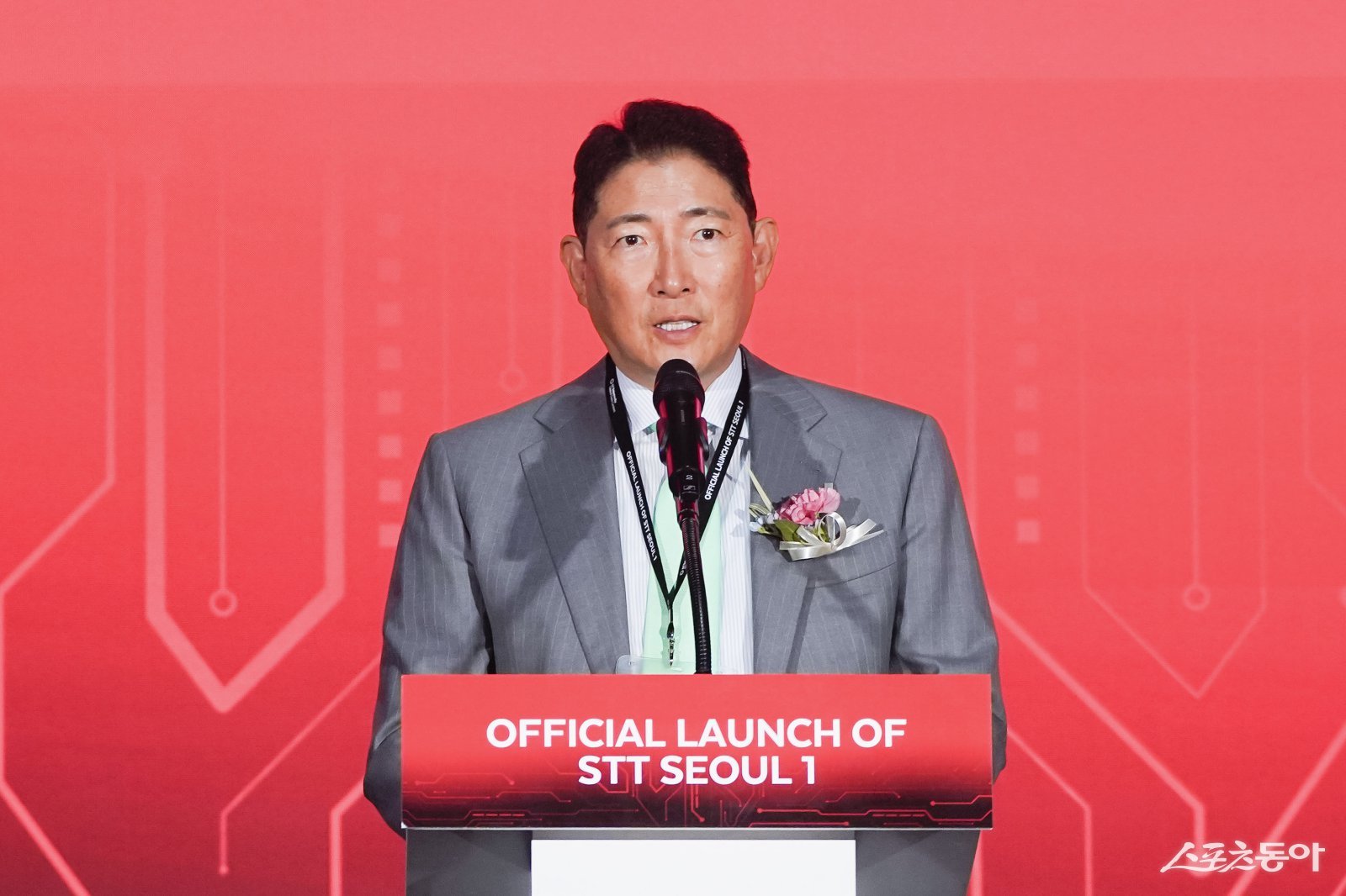 조현준 효성 회장이 16일 서울 금천구 가산동에서 열린 효성-STT GDC의 AI 데이터센터 ‘STT Seoul 1’ 개관식에 서 축사를 하고 있다. 사진제공|효성