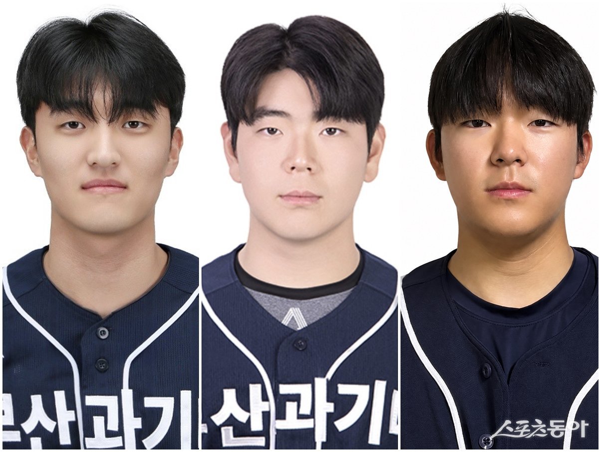 2026 세계대학야구대회 대표팀에 선발된 부산과기대 곽병진, 권희재, 김도균(왼쪽부터). 사진제공｜부산과학기술대 야구부