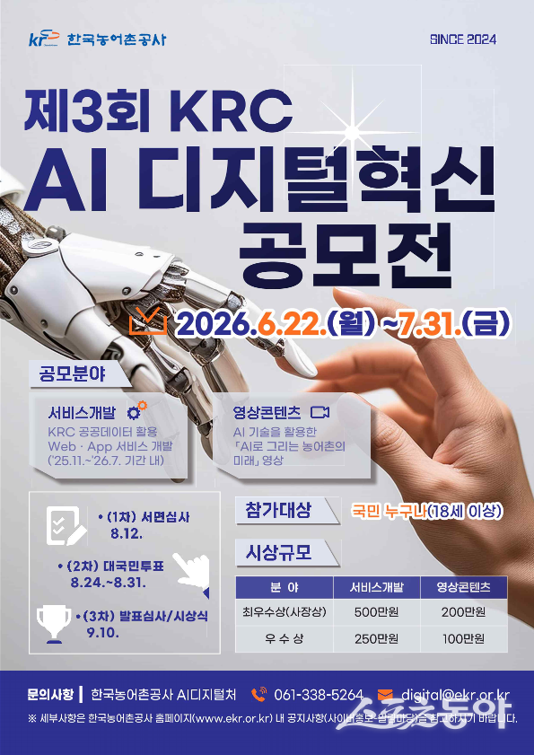 한국농어촌공사는 디지털 기술을 활용한 창의적 서비스와 콘텐츠를 발굴하기 위해 ‘제3회 KRC 인공지능 디지털 혁신 공모전’을 개최하고 오는 7월 31일까지 참가작을 모집한다고 22일 밝혔다. 사진제공=한국농어촌공사
