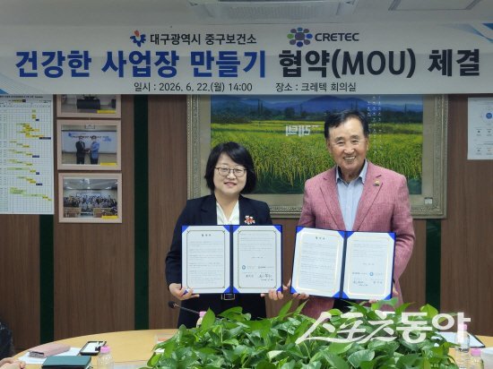 대구 중구보건소가 관내 기업 크레텍과 ‘건강한 사업장 조성’ 업무협약을 체결했다. 사진제공 ㅣ 대구시 중구
