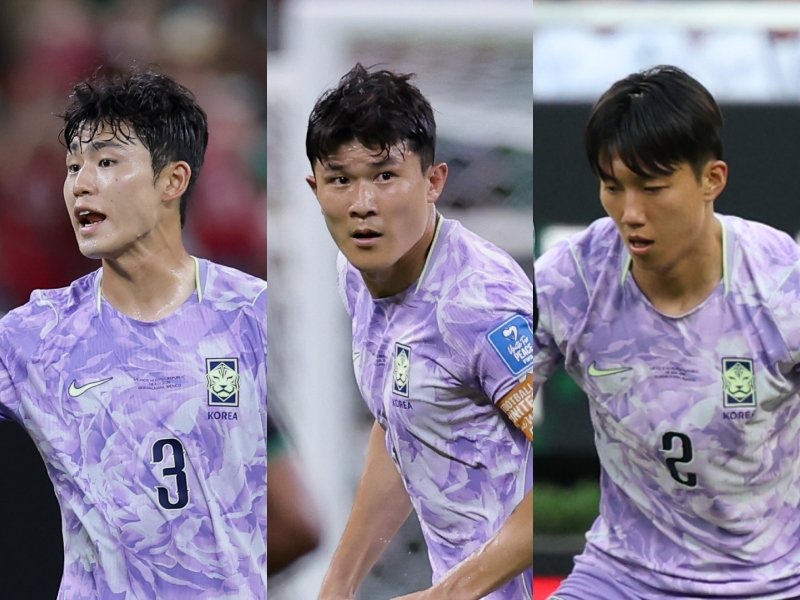 대표팀의 스리백으로 자리 잡은 이기혁, 김민재, 이한범(왼쪽부터)은 남아공의 빠른 공격진들을 막아내야 한다. 사진제공|대한축구협회·뉴시스