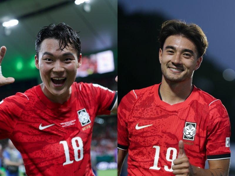 축구국가대표팀의 남아공전 선발 명단에 관심이 쏠린다. 최전방 공격수 오현규(왼쪽)와 윙백 옌스 카스트로프도 출전 가능성이 있다. 사진제공｜대한축구협회
