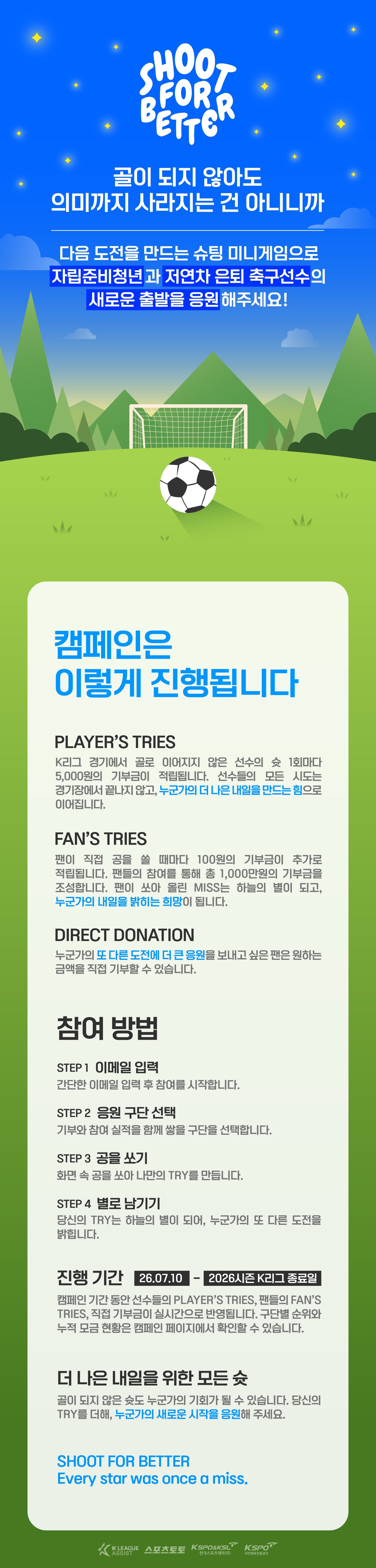 한국스포츠레저, 사회공헌 캠페인 운영…골이 되지 않은 슈팅도 기부로, ‘슛 포 베러’ 통해 은퇴 선수 및 자립준비청년 새 출발 징원