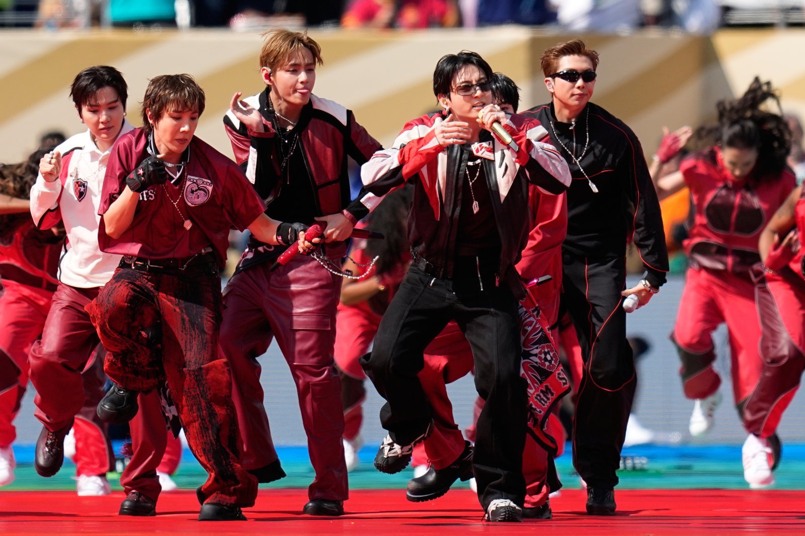 South Korean boy band BTS perform during the halftime show of the World Cup final soccer match between Spain and Argentina in East Rutherford, N.J., near New York, Sunday, July 19, 2026. (AP Photo/Ashley Landis)