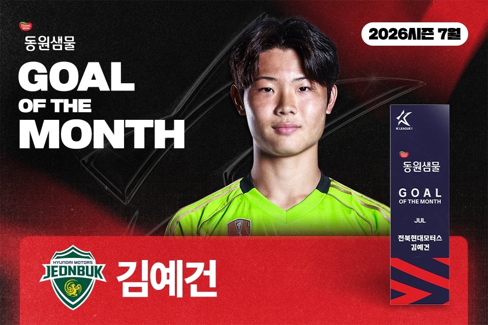 ‘양민혁 기록 넘었다’ 전북 18세 신성 김예건, 프로 데뷔골로 K리그 역대 최연소 ‘이달의 골’ 선정