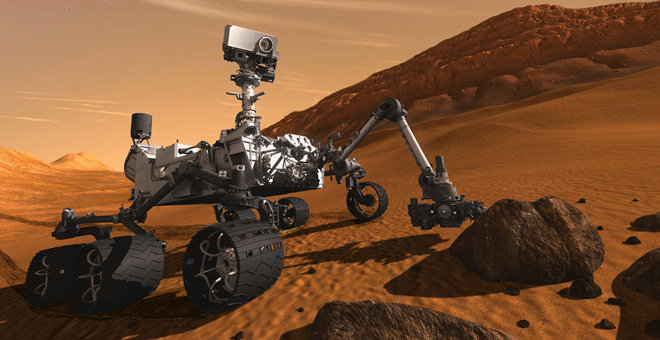 로봇으로 우주 광물을 채집하려는 시도가 세계적으로 활발하다. 미국항공우주국(NASA)의 ‘큐리오시티’는 암석 표면에 레이저를 발사해 화성의 구성 물질을 분석하고 있다. 출처 미국항공우주국(NASA)·동아일보DB