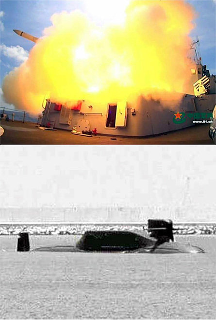 남중국해의 한 잠수함 기지에 모습을 드러낸 중국의 신형 094형 진(晉)급 핵잠수함(아래 사진). 이 핵잠수함에는 미 본토를 타격할 수 있는 사거리 1만2000km의 ‘쥐랑(巨浪·JL)-3’ 탄도미사일이 탑재된 것으로 알려졌다. 위 사진은 남중국해에서 훈련 중인 중국 해군 구축함에서 미사일이 발사되는 모습이다. 중국 인민해방군의 인터넷매체 중국쥔왕은 12일 이 사진을 공개했다. 사진 출처 중국쥔왕