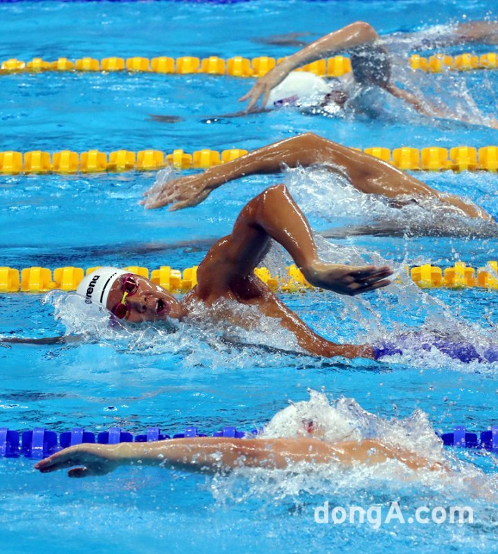 박태환 선수가 6일 오후(현지시간) 브라질 리우데자네이루 바하 올림픽 아쿠아틱스 스테디움에서 열린 남자 자유형 400m 경기에서 스퍼트를 하고 있다. (사진= 올림픽사진공동취재단)